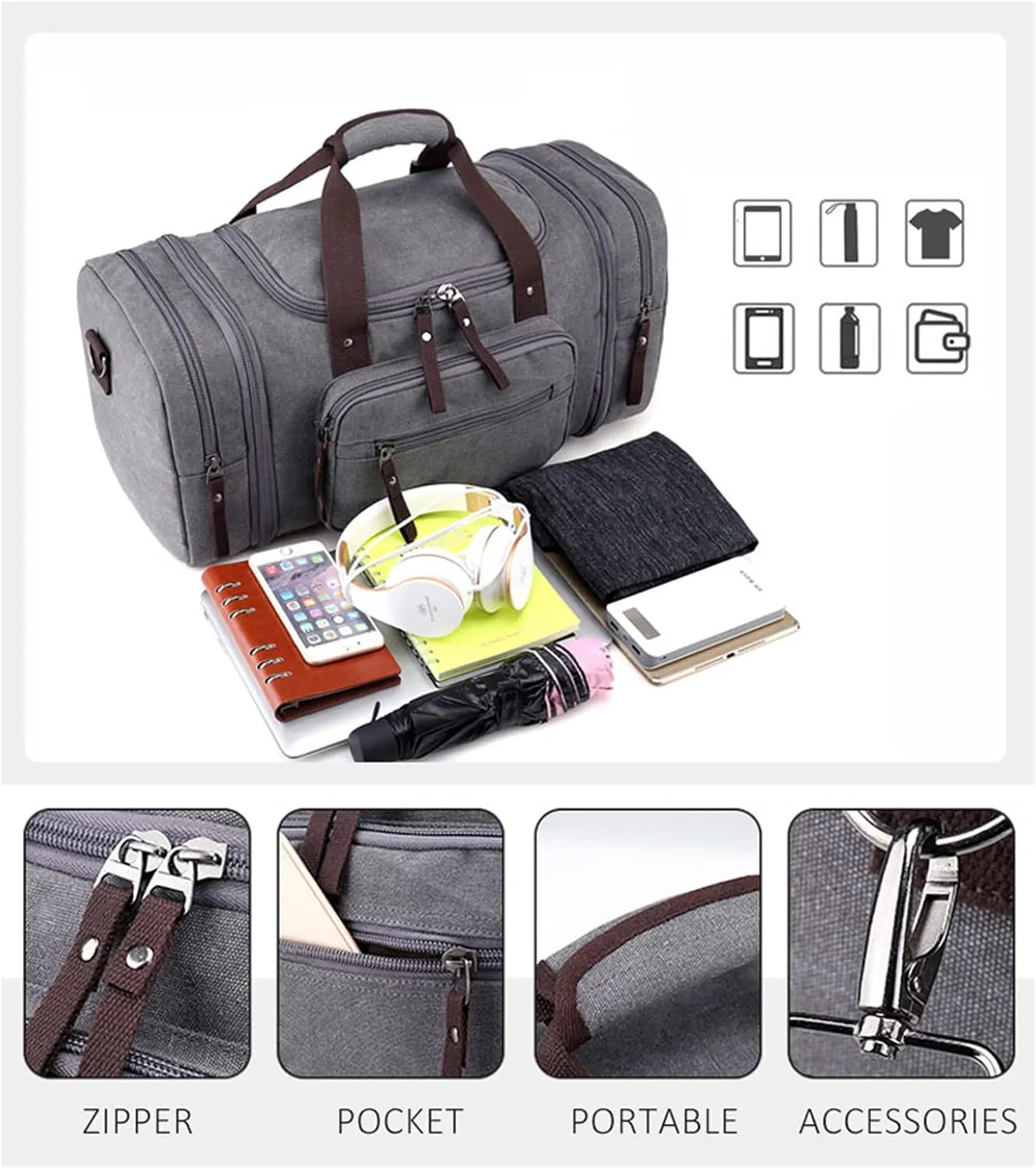 Canvas Duffle Bag for Travel 50L Large Duffel Bag for Men Women, Overnight Weekender Carry on Laptop Bag Outdoor Portable Soft Dense Durable (Gray)