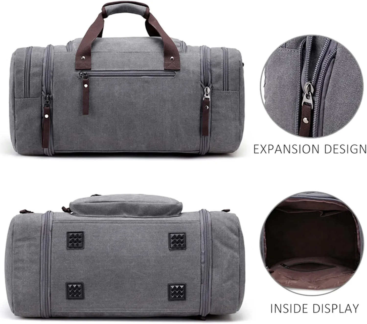 Canvas Duffle Bag for Travel 50L Large Duffel Bag for Men Women, Overnight Weekender Carry on Laptop Bag Outdoor Portable Soft Dense Durable (Gray)