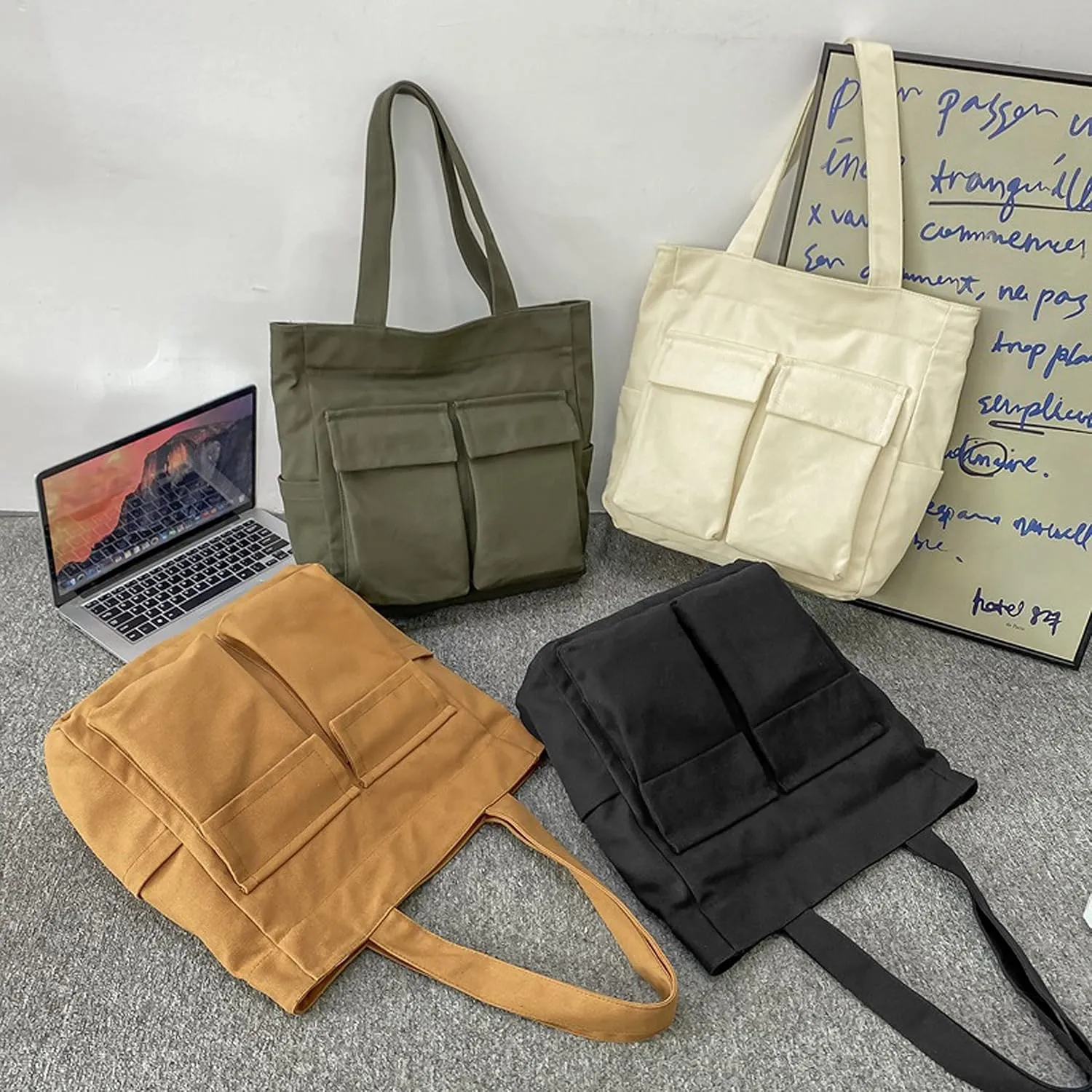 Canvas Messenger Bag Large Crossbody Bag Handbag Solid Color with Multiple Pockets Canvas Shoulder Tote Bag for Women and Men