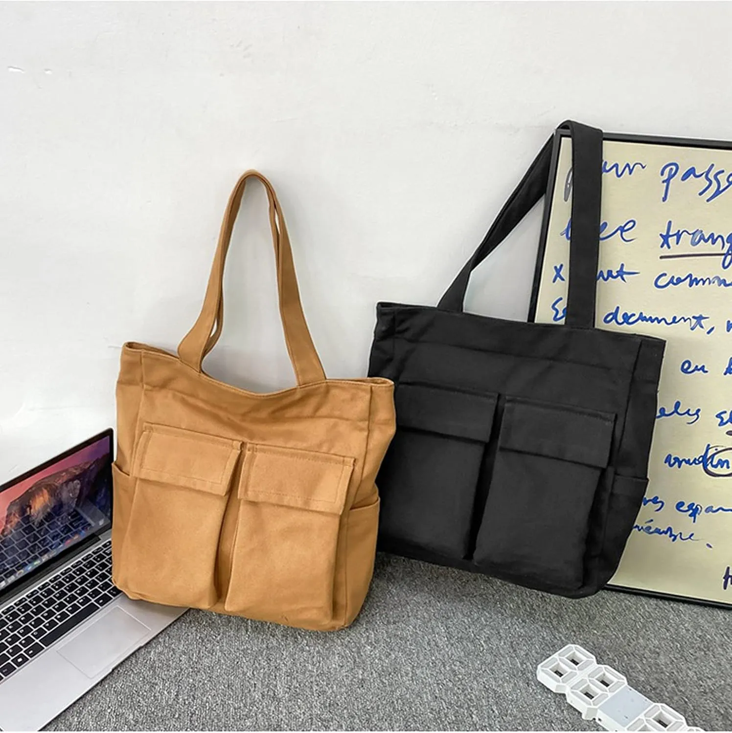 Canvas Messenger Bag Large Crossbody Bag Handbag Solid Color with Multiple Pockets Canvas Shoulder Tote Bag for Women and Men