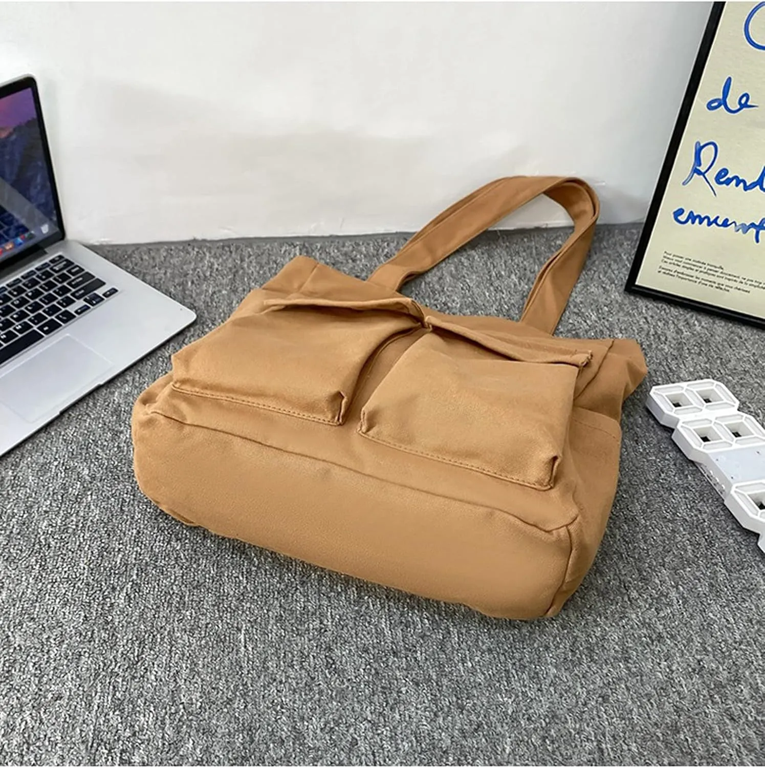 Canvas Messenger Bag Large Crossbody Bag Handbag Solid Color with Multiple Pockets Canvas Shoulder Tote Bag for Women and Men