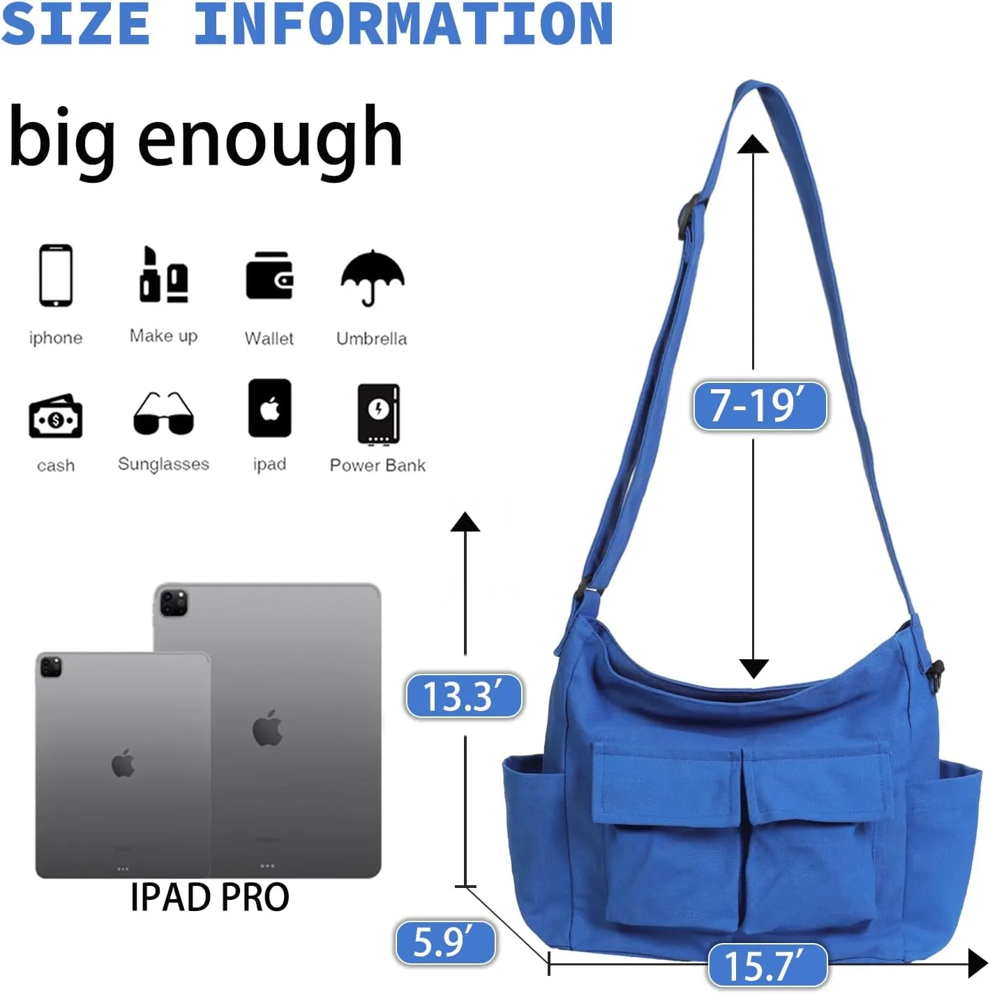 Canvas Messenger Bag Large Hobo Crossbody Bag with Multiple Pockets Casual Shoulder Tote Bag for Women and Men