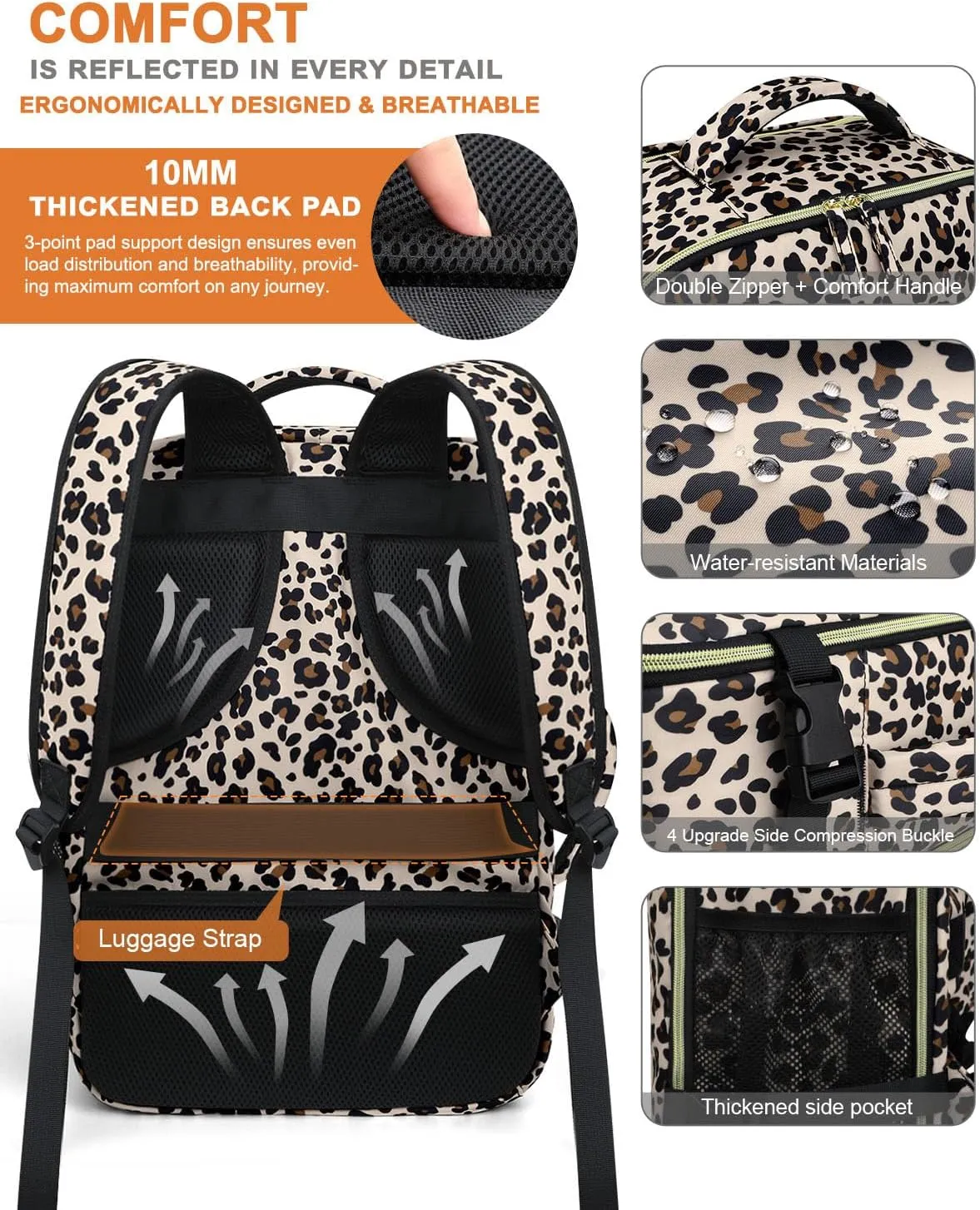 Capolo Travel Backpack for Women Men Waterproof Laptop Backpack Flight Approved Carry On Backpack Overnight Weekender Bag College Bookbag for Business, Work, Traveling Fits 15.6 '' Laptop,Leopard