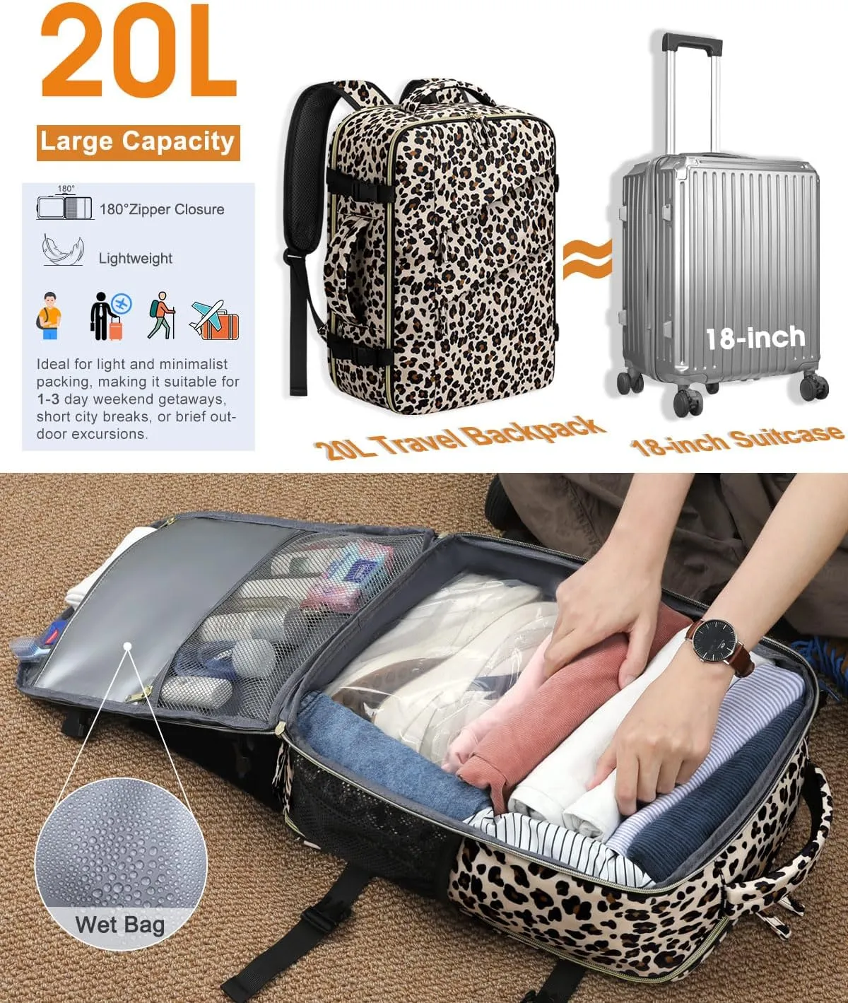 Capolo Travel Backpack for Women Men Waterproof Laptop Backpack Flight Approved Carry On Backpack Overnight Weekender Bag College Bookbag for Business, Work, Traveling Fits 15.6 '' Laptop,Leopard