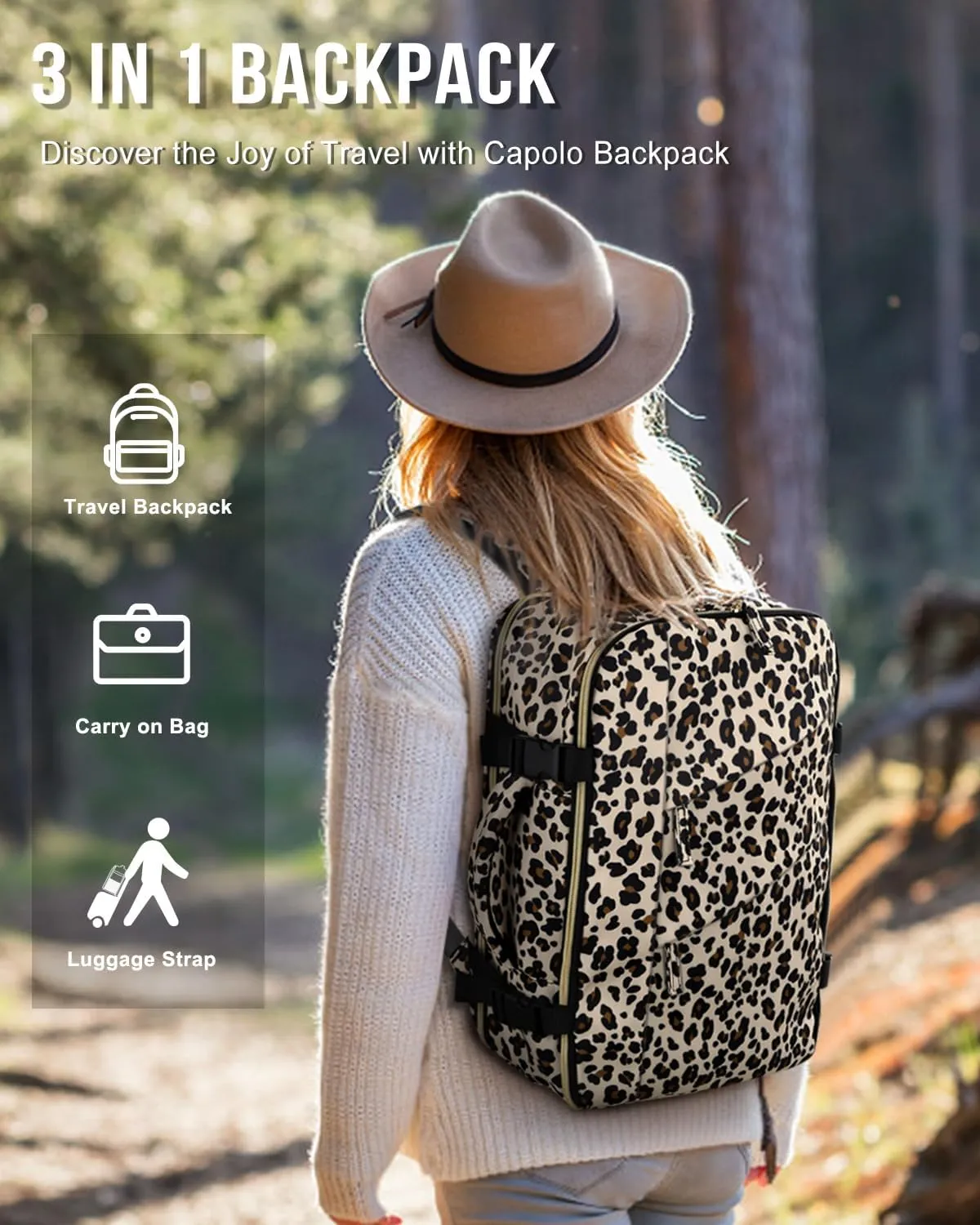 Capolo Travel Backpack for Women Men Waterproof Laptop Backpack Flight Approved Carry On Backpack Overnight Weekender Bag College Bookbag for Business, Work, Traveling Fits 15.6 '' Laptop,Leopard