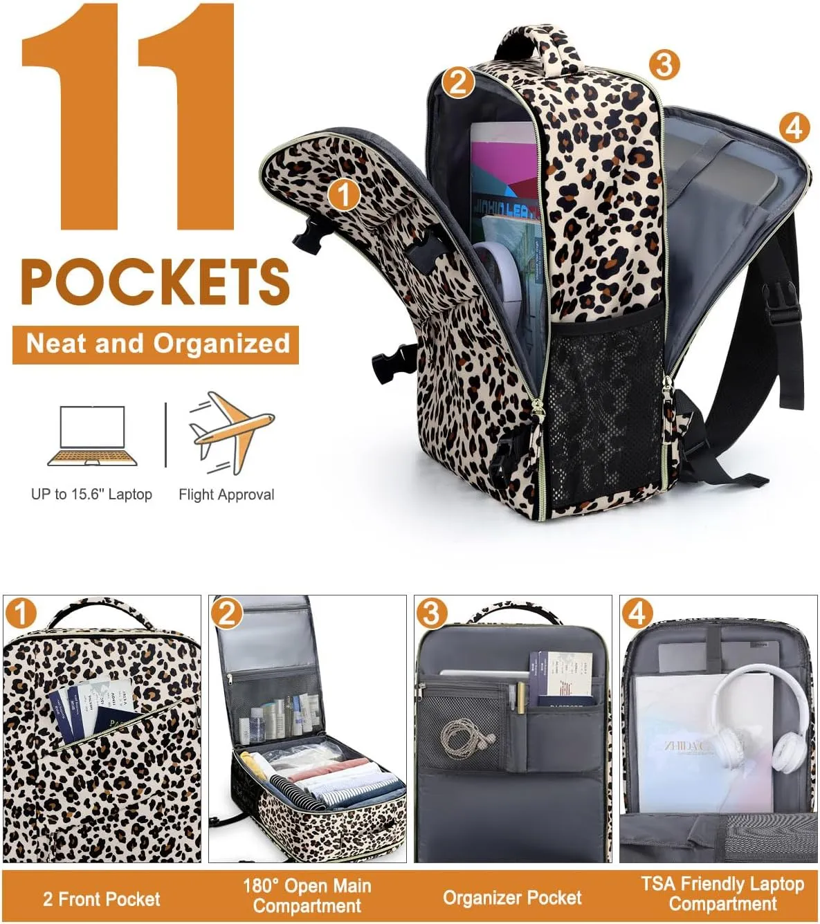 Capolo Travel Backpack for Women Men Waterproof Laptop Backpack Flight Approved Carry On Backpack Overnight Weekender Bag College Bookbag for Business, Work, Traveling Fits 15.6 '' Laptop,Leopard