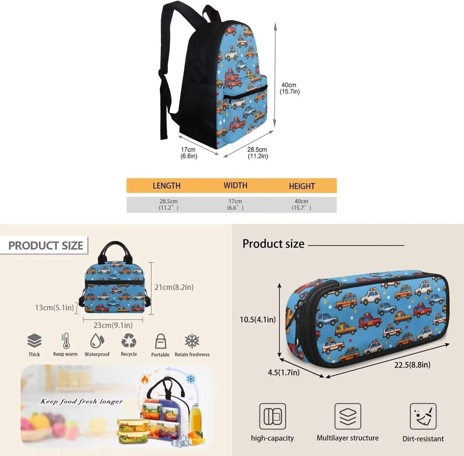 Car Backpack with Lunch Box Kids Boys Age10-12 Years Old Hand Carry Lunch Tote Bag for Boy Portable Casual Messenger Bag for School Picnic Vacation Climbing