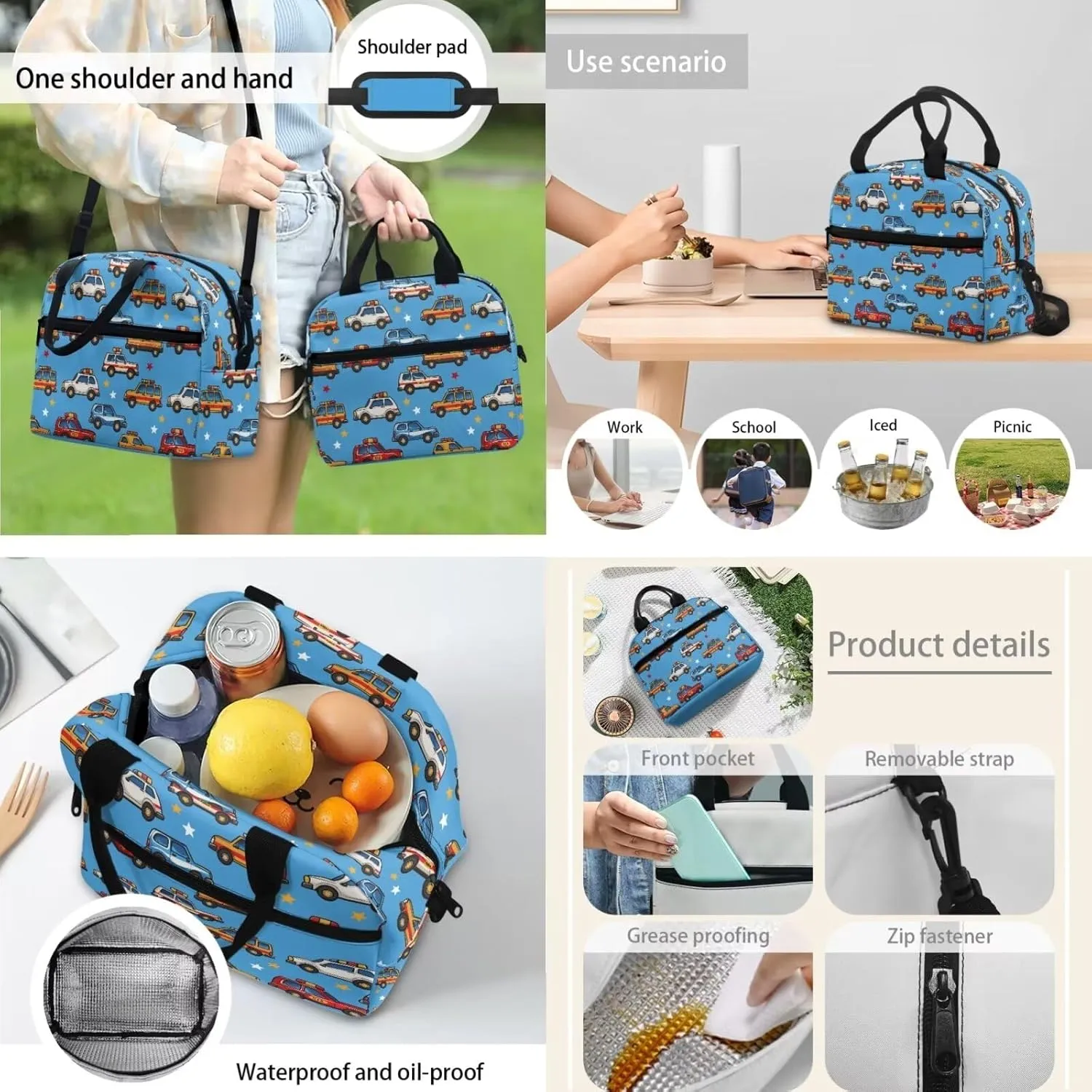 Car Backpack with Lunch Box Kids Boys Age10-12 Years Old Hand Carry Lunch Tote Bag for Boy Portable Casual Messenger Bag for School Picnic Vacation Climbing