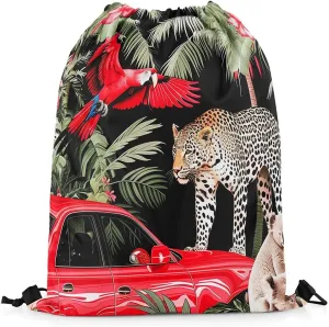 Cardinal Bird Drawstring Backpack,Red Sparrows Drawstring Bags,Cheetah Draw String Back Bag,Tropical Plant String Backpack,Red Car Cinch Bag for Sport Gym Swim,13x15.7,Red Green Black