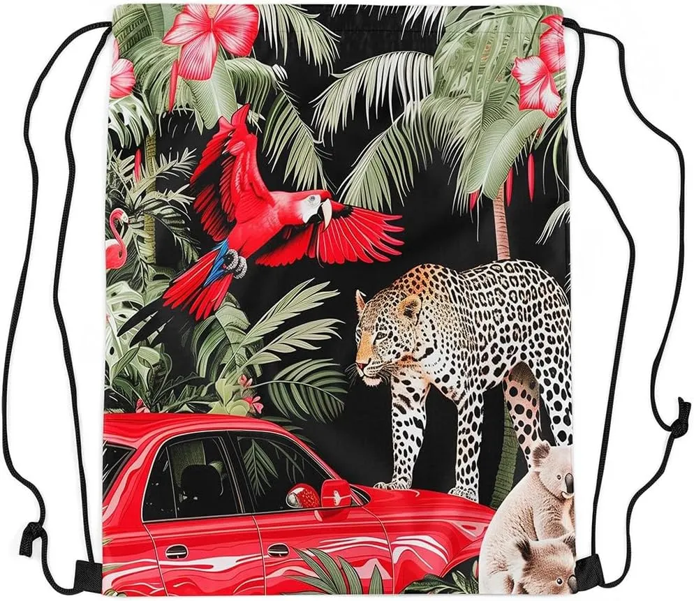 Cardinal Bird Drawstring Backpack,Red Sparrows Drawstring Bags,Cheetah Draw String Back Bag,Tropical Plant String Backpack,Red Car Cinch Bag for Sport Gym Swim,13x15.7,Red Green Black