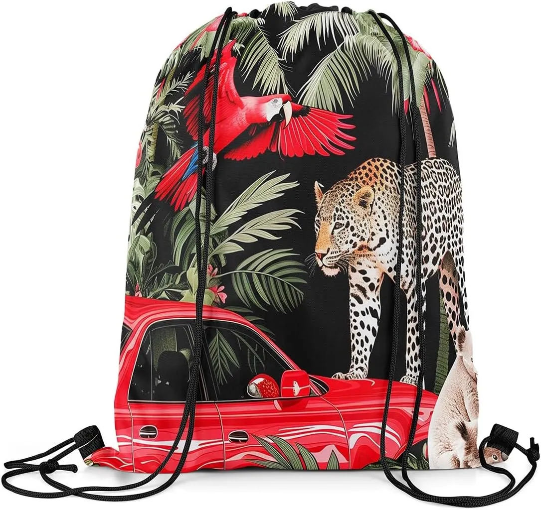 Cardinal Bird Drawstring Backpack,Red Sparrows Drawstring Bags,Cheetah Draw String Back Bag,Tropical Plant String Backpack,Red Car Cinch Bag for Sport Gym Swim,13x15.7,Red Green Black