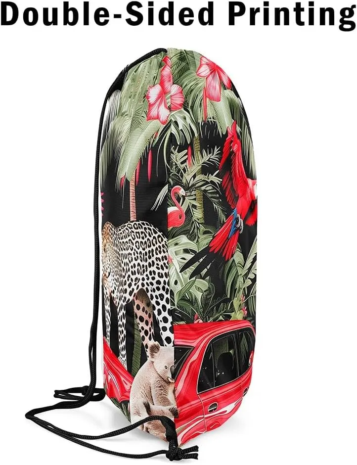 Cardinal Bird Drawstring Backpack,Red Sparrows Drawstring Bags,Cheetah Draw String Back Bag,Tropical Plant String Backpack,Red Car Cinch Bag for Sport Gym Swim,13x15.7,Red Green Black