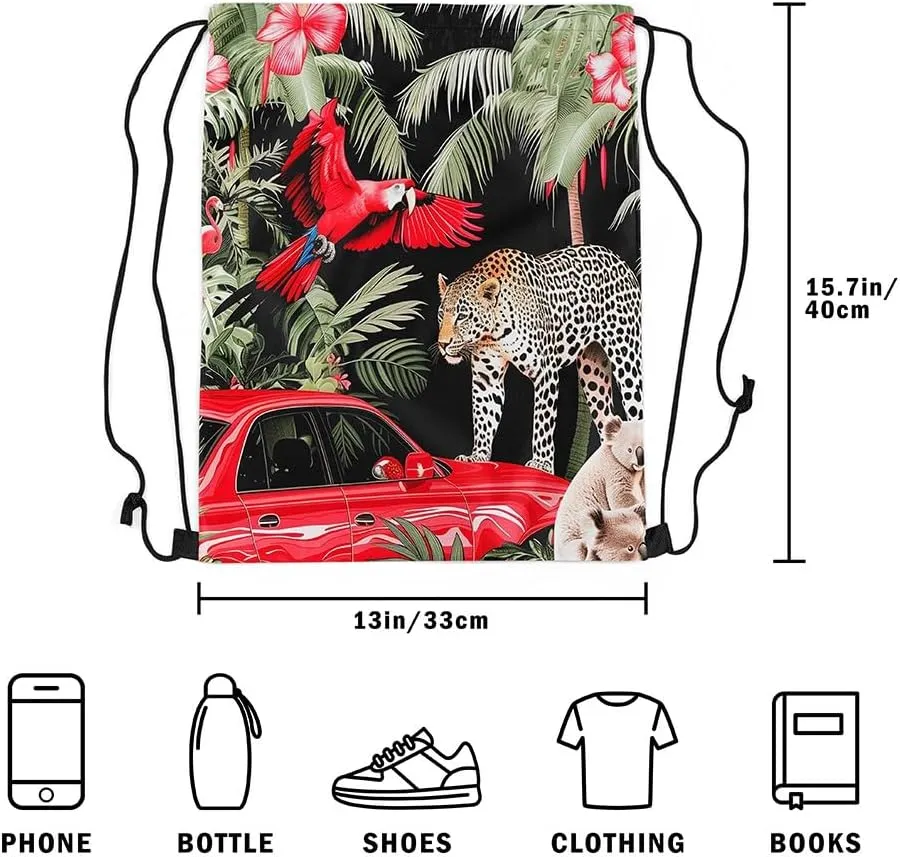 Cardinal Bird Drawstring Backpack,Red Sparrows Drawstring Bags,Cheetah Draw String Back Bag,Tropical Plant String Backpack,Red Car Cinch Bag for Sport Gym Swim,13x15.7,Red Green Black