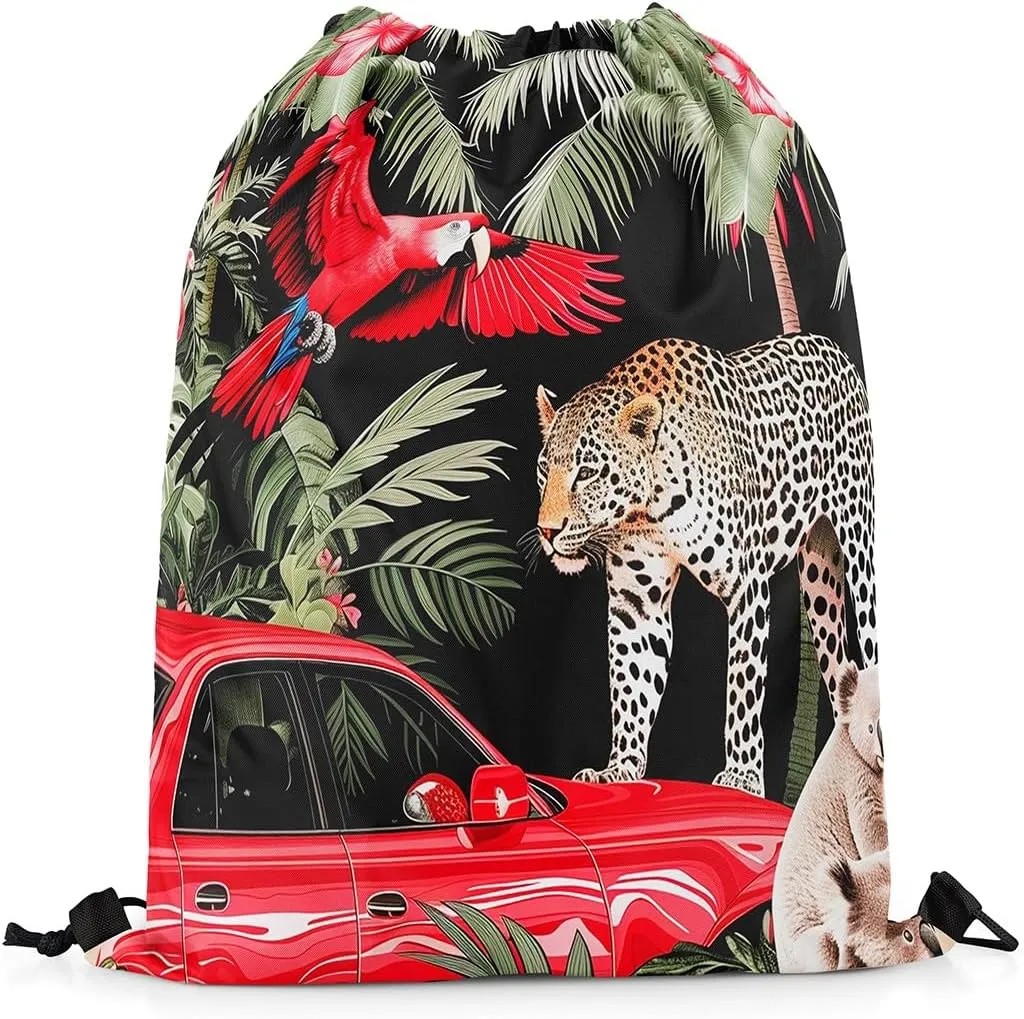 Cardinal Bird Drawstring Backpack,Red Sparrows Drawstring Bags,Cheetah Draw String Back Bag,Tropical Plant String Backpack,Red Car Cinch Bag for Sport Gym Swim,13x15.7,Red Green Black