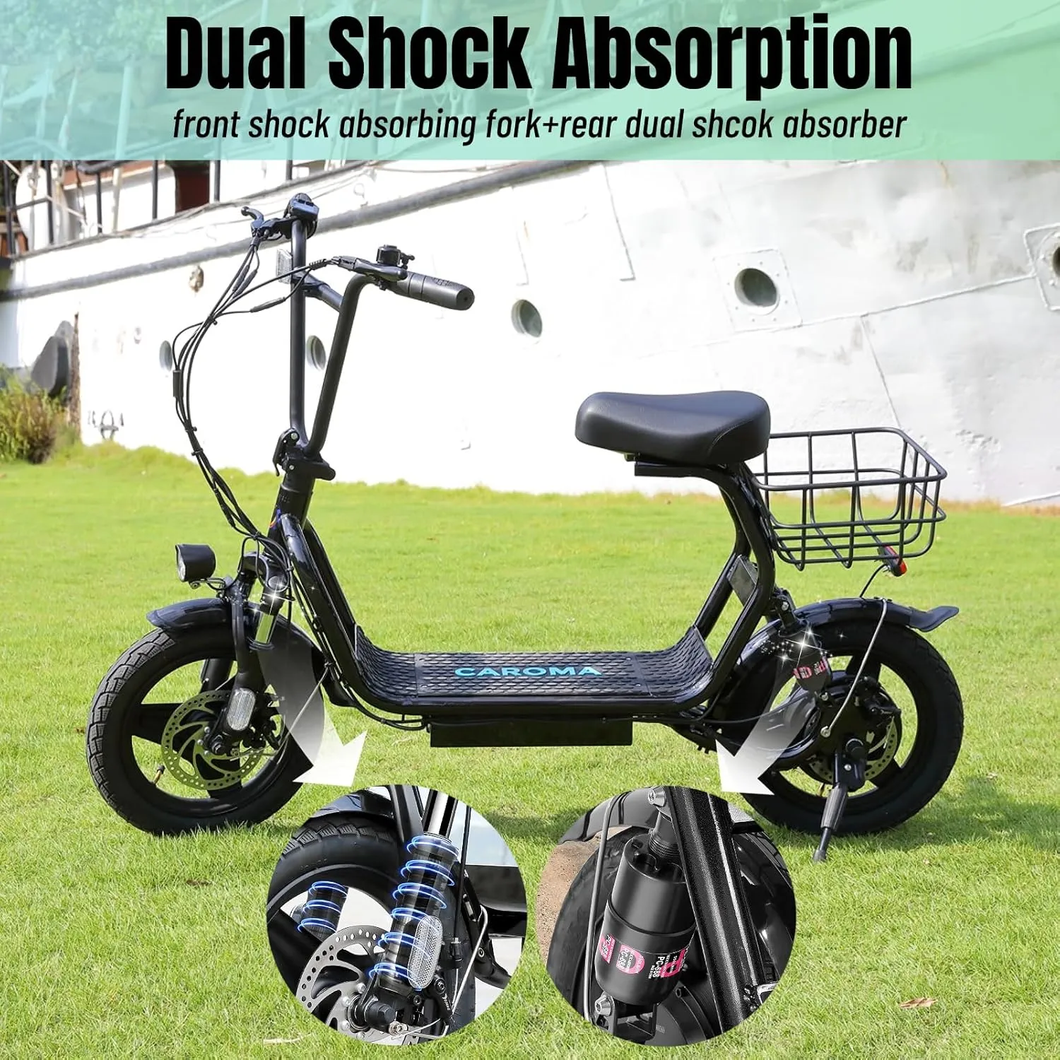 Caroma Peak 1200W Electric Scooter with Seat, 500Wh Battery, 30Miles Range, 20MPH Top Speed, 14" Tires Foldable Electric Scooter with Basket for Commuting, Dual Shock Absorbing Ebike for Adults