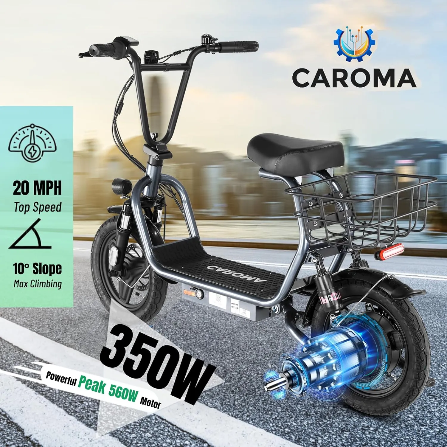 Caroma Peak 1200W Electric Scooter with Seat, 500Wh Battery, 30Miles Range, 20MPH Top Speed, 14" Tires Foldable Electric Scooter with Basket for Commuting, Dual Shock Absorbing Ebike for Adults