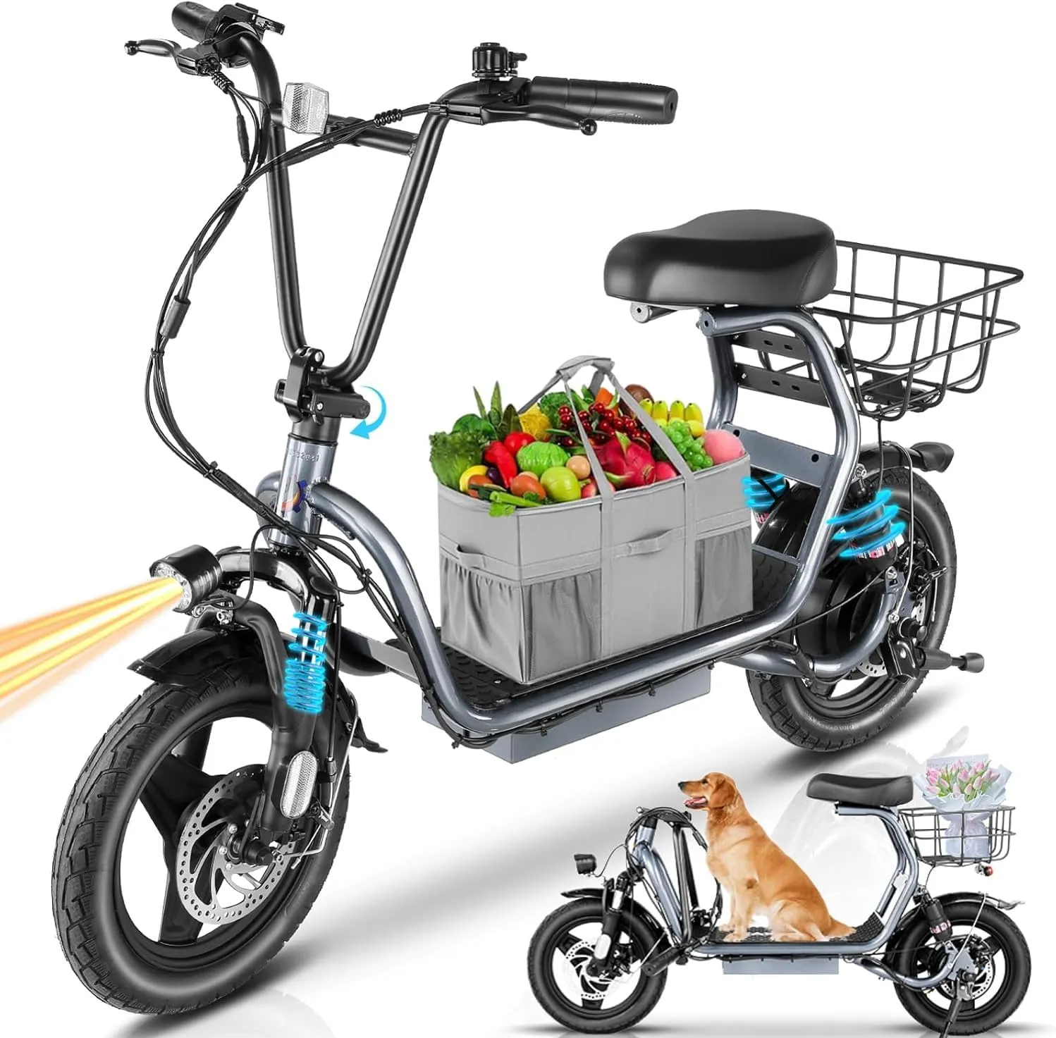 Caroma Peak 1200W Electric Scooter with Seat, 500Wh Battery, 30Miles Range, 20MPH Top Speed, 14" Tires Foldable Electric Scooter with Basket for Commuting, Dual Shock Absorbing Ebike for Adults