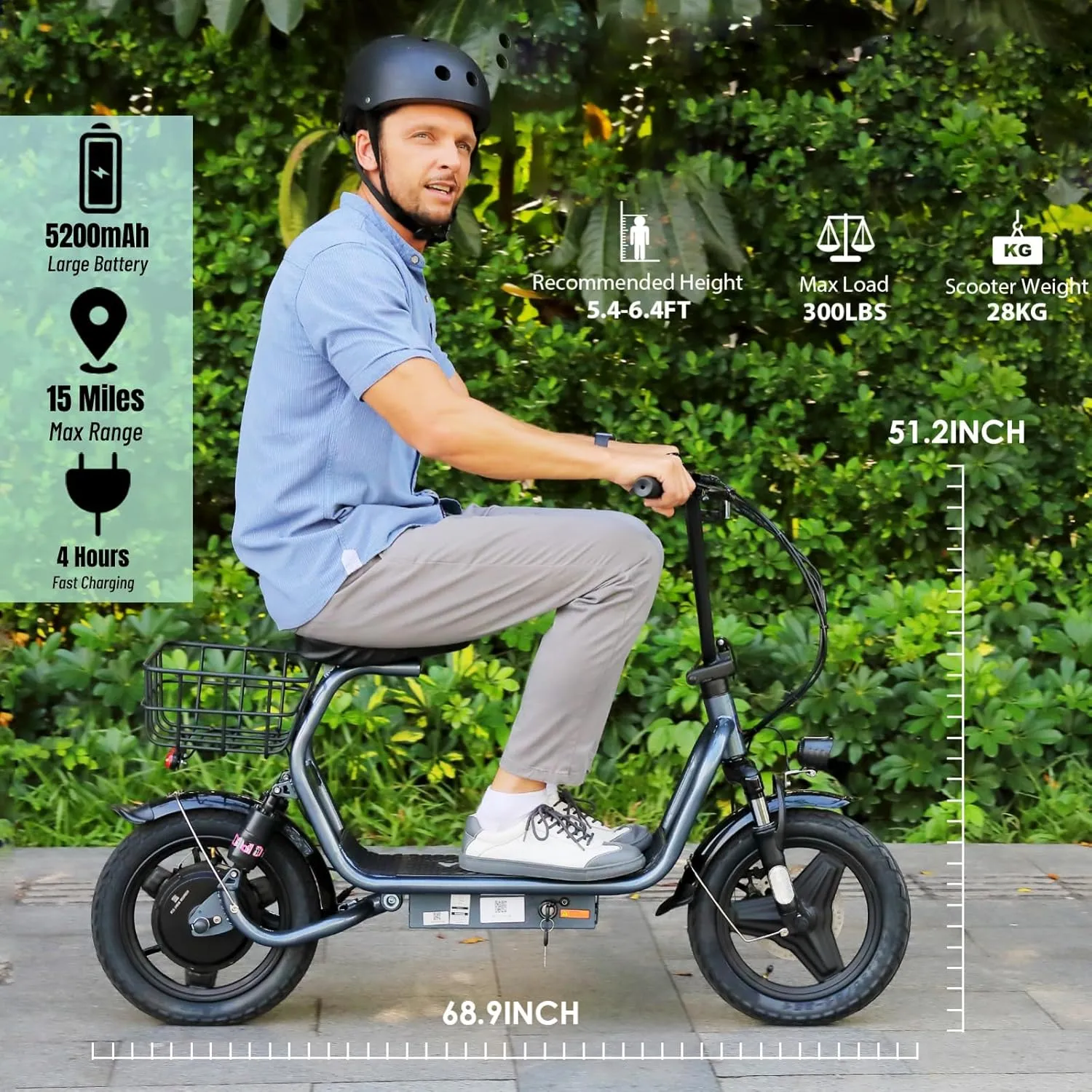 Caroma Peak 1200W Electric Scooter with Seat, 500Wh Battery, 30Miles Range, 20MPH Top Speed, 14" Tires Foldable Electric Scooter with Basket for Commuting, Dual Shock Absorbing Ebike for Adults
