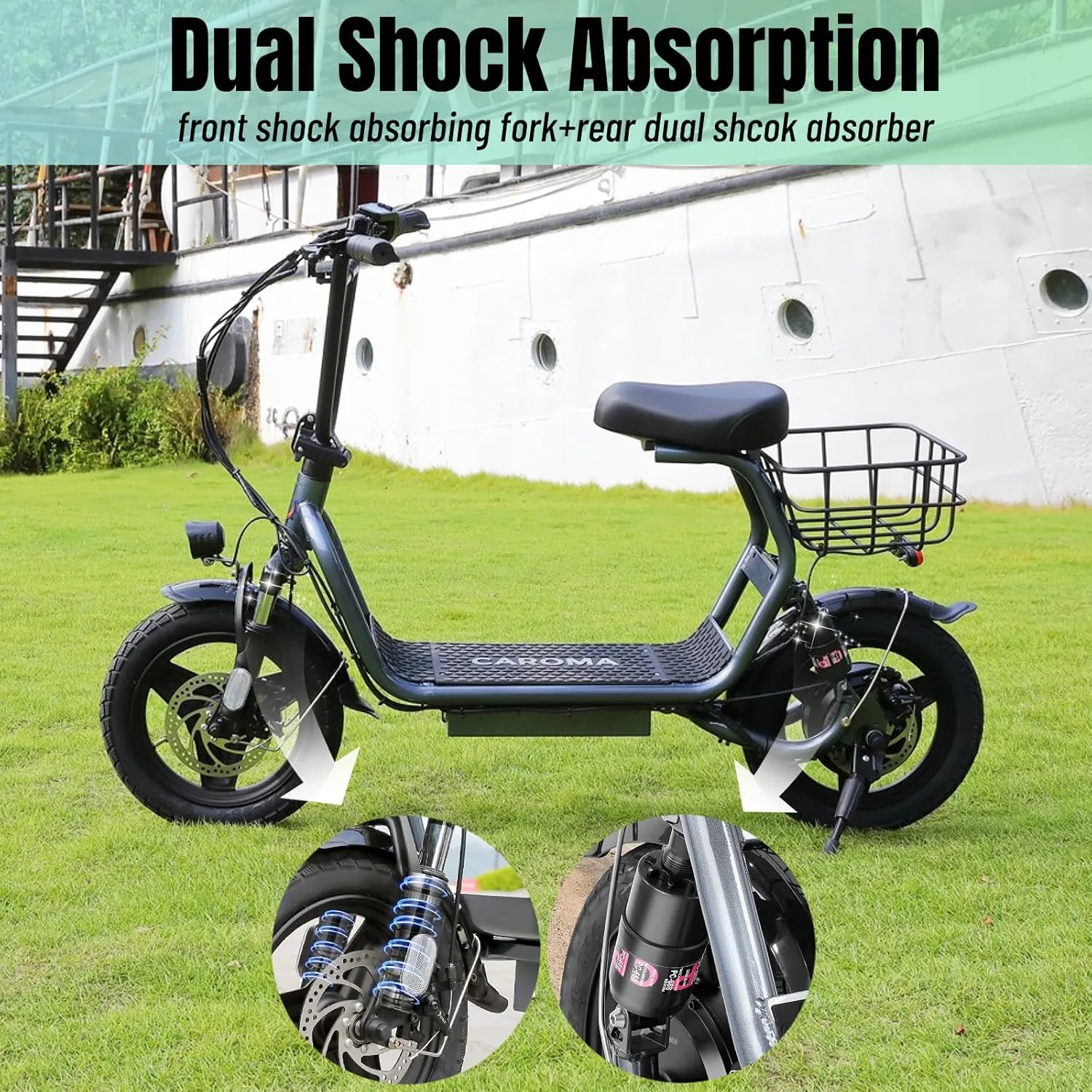 Caroma Peak 1200W Electric Scooter with Seat, 500Wh Battery, 30Miles Range, 20MPH Top Speed, 14" Tires Foldable Electric Scooter with Basket for Commuting, Dual Shock Absorbing Ebike for Adults