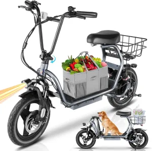 Caroma Peak 1200W Electric Scooter with Seat, 500Wh Battery, 30Miles Range, 20MPH Top Speed, 14" Tires Foldable Electric Scooter with Basket for Commuting, Dual Shock Absorbing Ebike for Adults