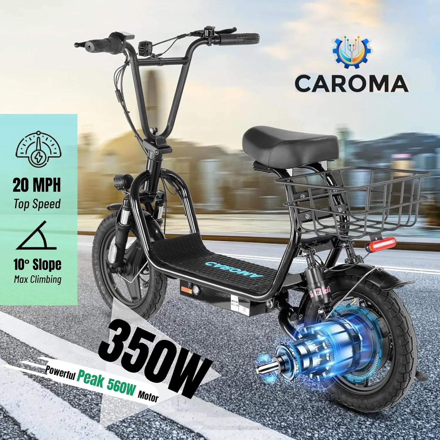 Caroma Peak 1200W Electric Scooter with Seat, 500Wh Battery, 30Miles Range, 20MPH Top Speed, 14" Tires Foldable Electric Scooter with Basket for Commuting, Dual Shock Absorbing Ebike for Adults