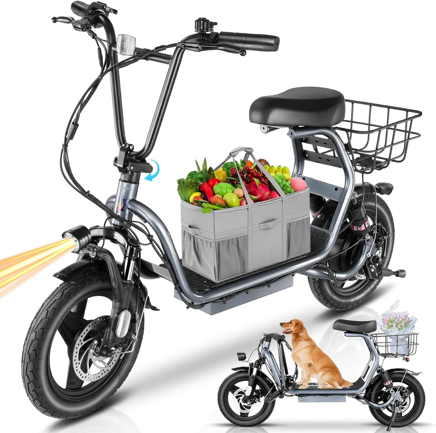 Caroma Peak 1200W Electric Scooter with Seat, 500Wh Battery, 30Miles Range, 20MPH Top Speed, 14" Tires Foldable Electric Scooter with Basket for Commuting, Dual Shock Absorbing Ebike for Adults