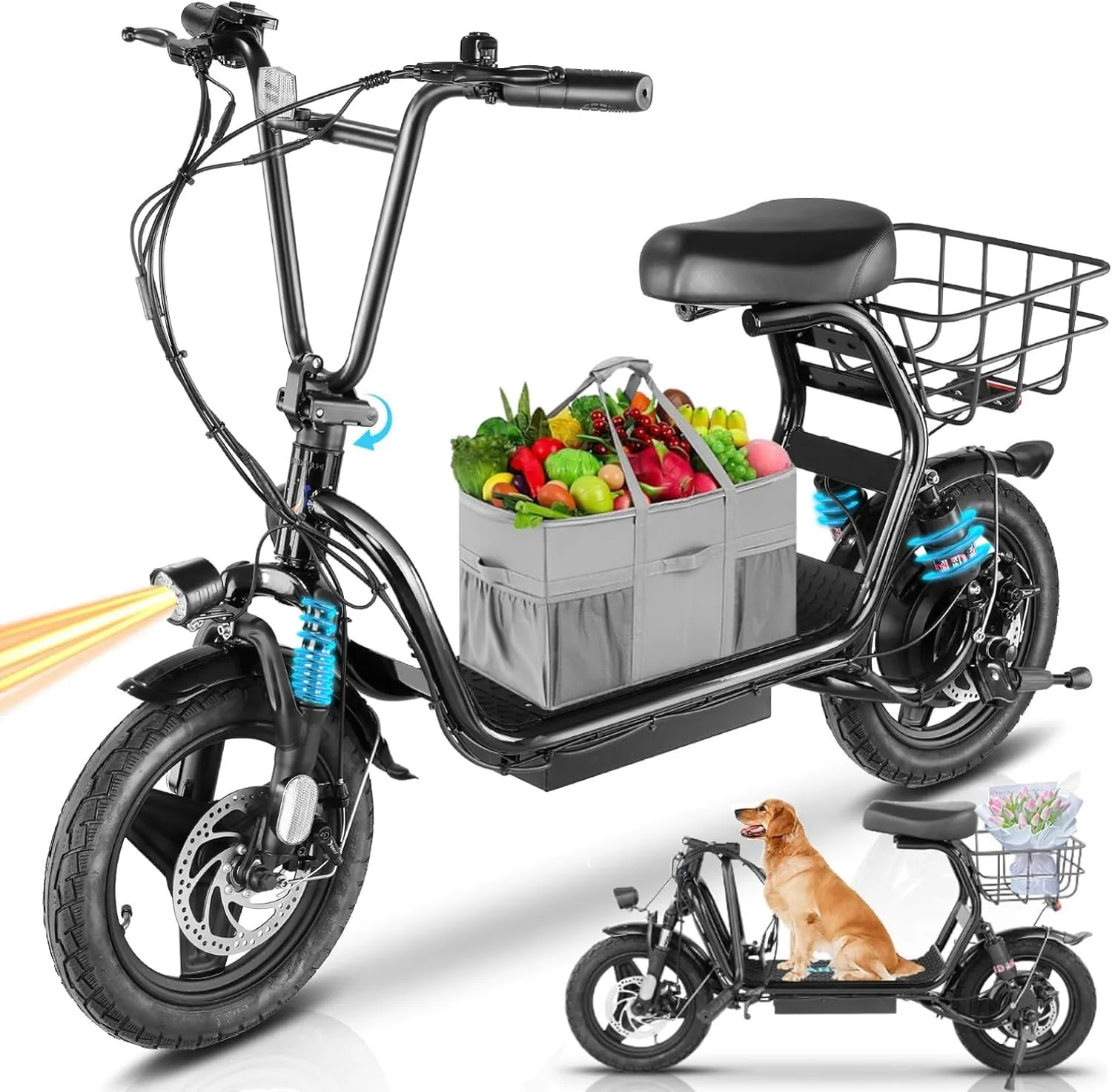 Caroma Peak 1200W Electric Scooter with Seat, 500Wh Battery, 30Miles Range, 20MPH Top Speed, 14" Tires Foldable Electric Scooter with Basket for Commuting, Dual Shock Absorbing Ebike for Adults