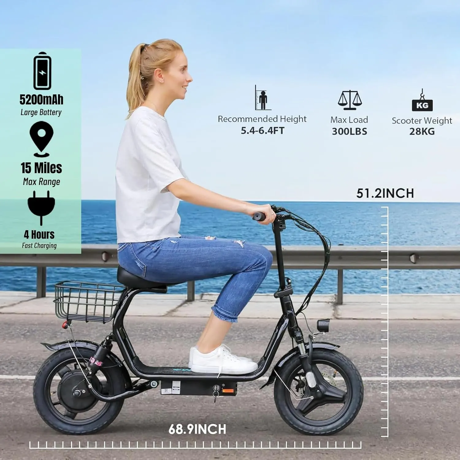Caroma Peak 1200W Electric Scooter with Seat, 500Wh Battery, 30Miles Range, 20MPH Top Speed, 14" Tires Foldable Electric Scooter with Basket for Commuting, Dual Shock Absorbing Ebike for Adults