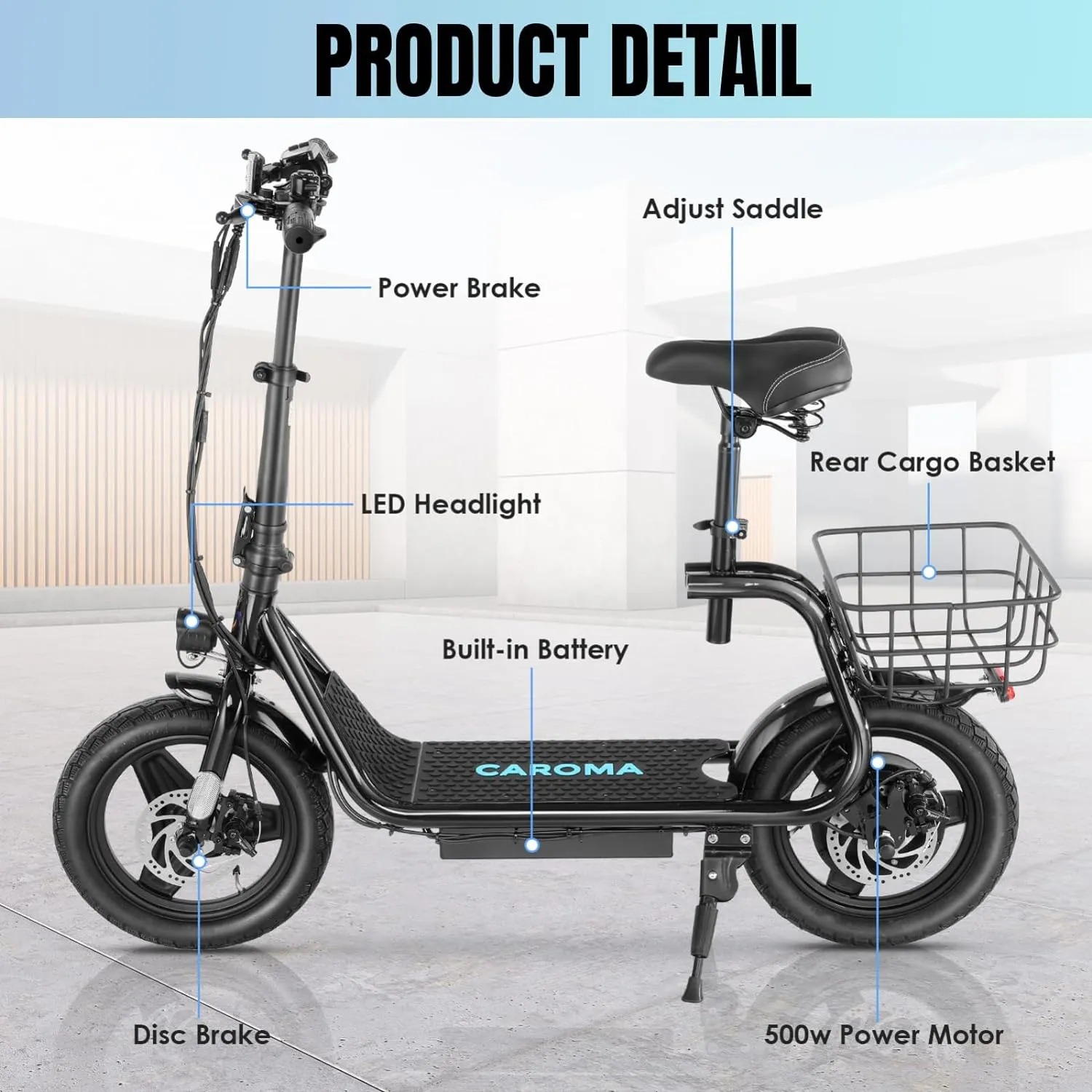 Caroma Peak 1200W Electric Scooters with Seat, Electric Scooter Adults with Basket, 14" Tire, 500Wh Battery, 30 Miles Range, Top Speed 20MPH, Foldable Escooter for Adults&Teens, Max Load 300 Lbs