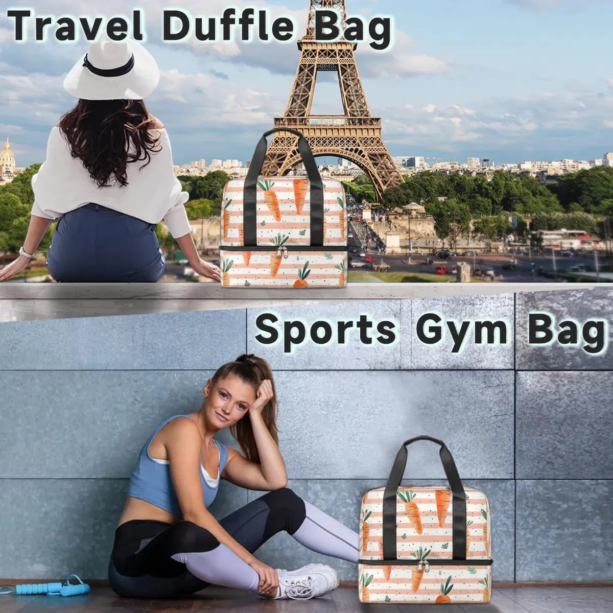 Carrots Stripes Travel Duffel Bag Dry Wet Separated Sports Tote Travel Duffle Bag Gym Workout Bag Women Travel Duffel Bag for Women, Travel, Gym, Work