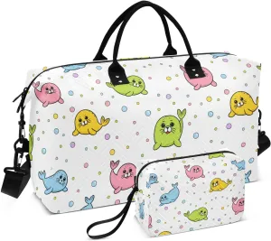Cartoon Colorful Seal Sports Gym Bag for Women Men Travel Duffel Bag Weekend Overnight Carry on Bag with Toiletry Bag Hospital Bag for Plane Hospital Swimming Yoga Workout