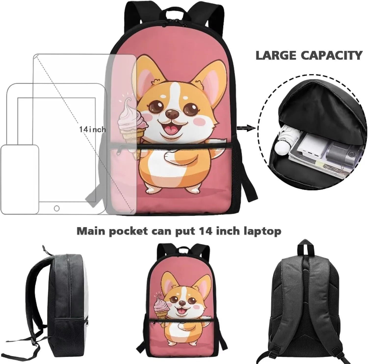 Cartoon Corgi Kids School Backpack for Girls 1st Grade School Bags 17 Inch Large Capacity Backpacks for Elementary School Kindergarten Cute Bookbag Lightweight Travel Laptop Bags Daypack