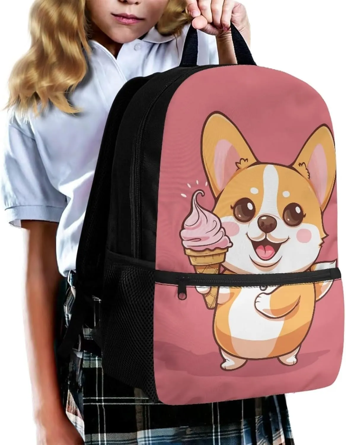 Cartoon Corgi Kids School Backpack for Girls 1st Grade School Bags 17 Inch Large Capacity Backpacks for Elementary School Kindergarten Cute Bookbag Lightweight Travel Laptop Bags Daypack
