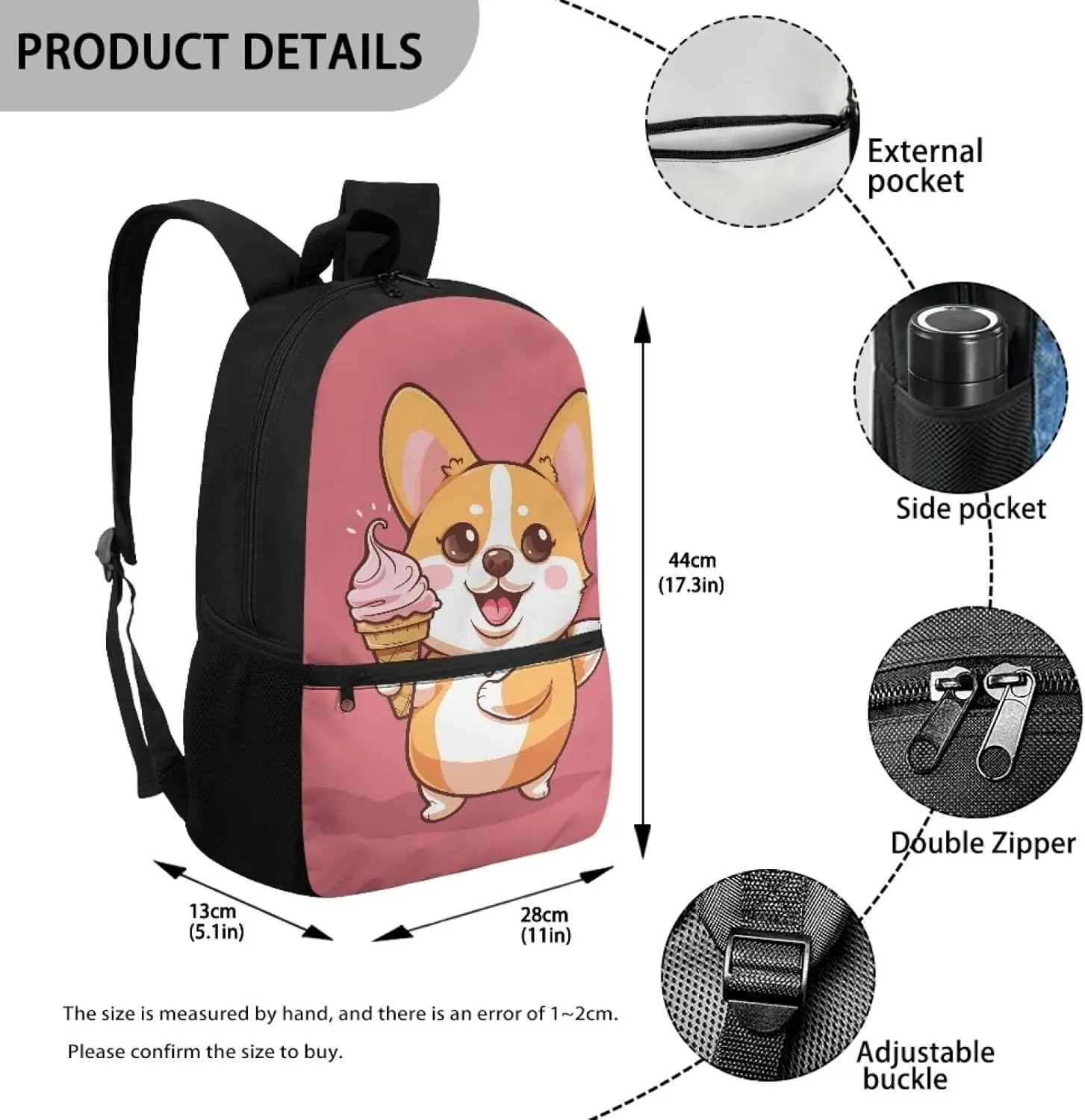 Cartoon Corgi Kids School Backpack for Girls 1st Grade School Bags 17 Inch Large Capacity Backpacks for Elementary School Kindergarten Cute Bookbag Lightweight Travel Laptop Bags Daypack