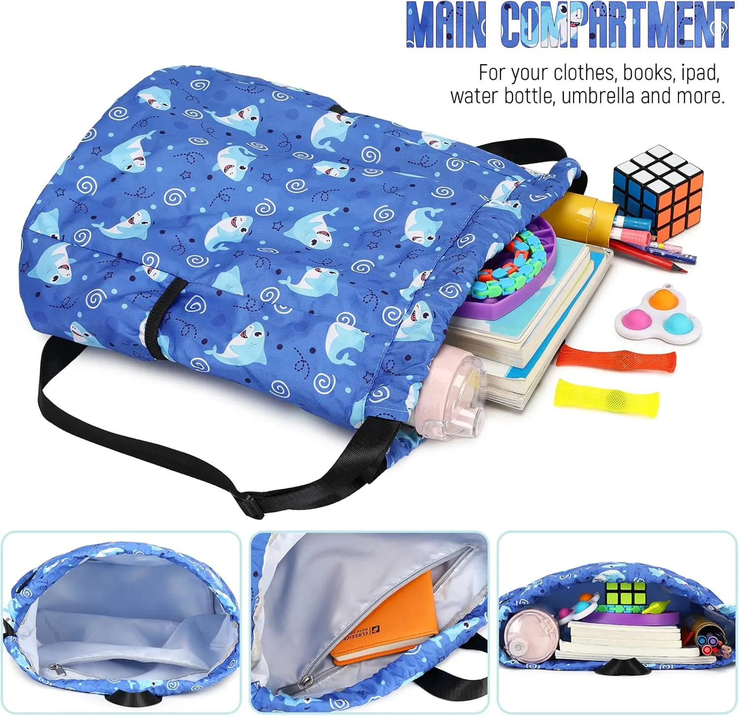 Cartoon Dinosaur Boys School Bag Lightweight Portable Dinosaur Gym Drawstring Bags for Travel Sport 40x30CM Rainbow Black