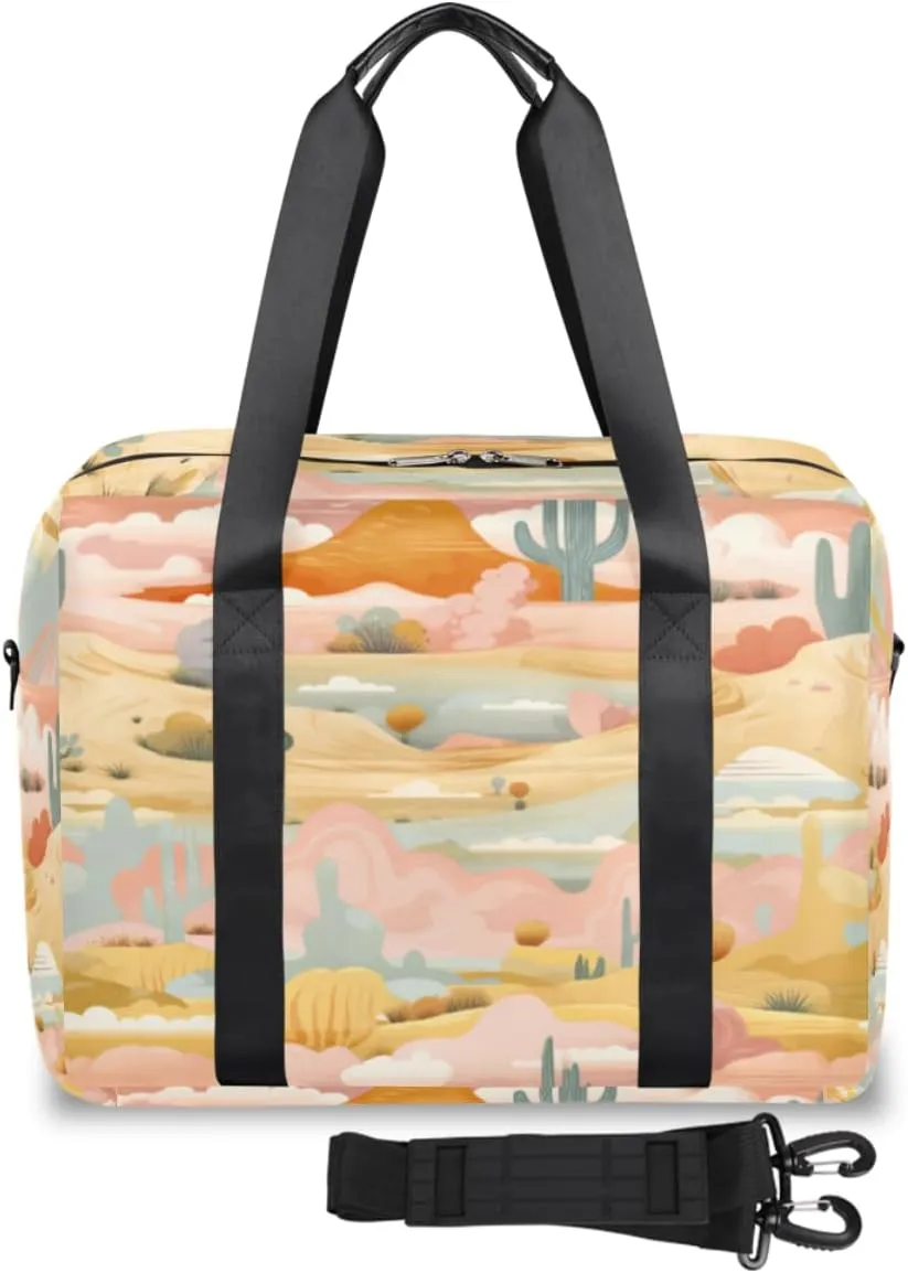 Cartoon Sandy Desert Cactus Womens Travel Bags, Weekender Carry on for Women, Sports Gym Bag, Workout Duffel bag, Overnight Shoulder Bag