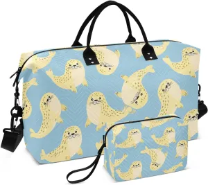 Cartoon Spotted Seal Sports Gym Bag for Women Men Travel Duffel Bag Weekend Overnight Carry on Bag with Toiletry Bag Yoga Bag for Swimming Yoga Workout Plane Hospital