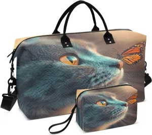 Cat Monarch Butterfly Sports Gym Bag for Women Men Travel Duffel Bag Weekend Overnight Carry on Bag with Toiletry Bag Air Travel Bag for Workout Swimming Yoga Plane Hospital
