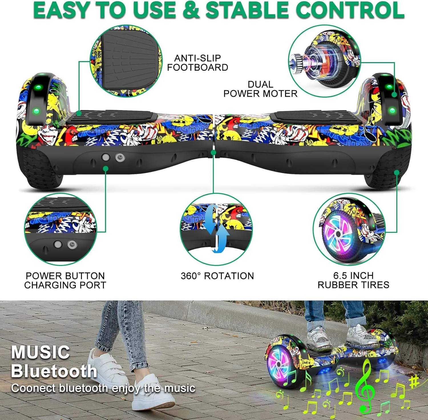 CBD Scooter with Corlorful LED Lights,6.5" Wheels, Dual 300W Motor Scooter for Kids Girls Boys Adults, All Ages