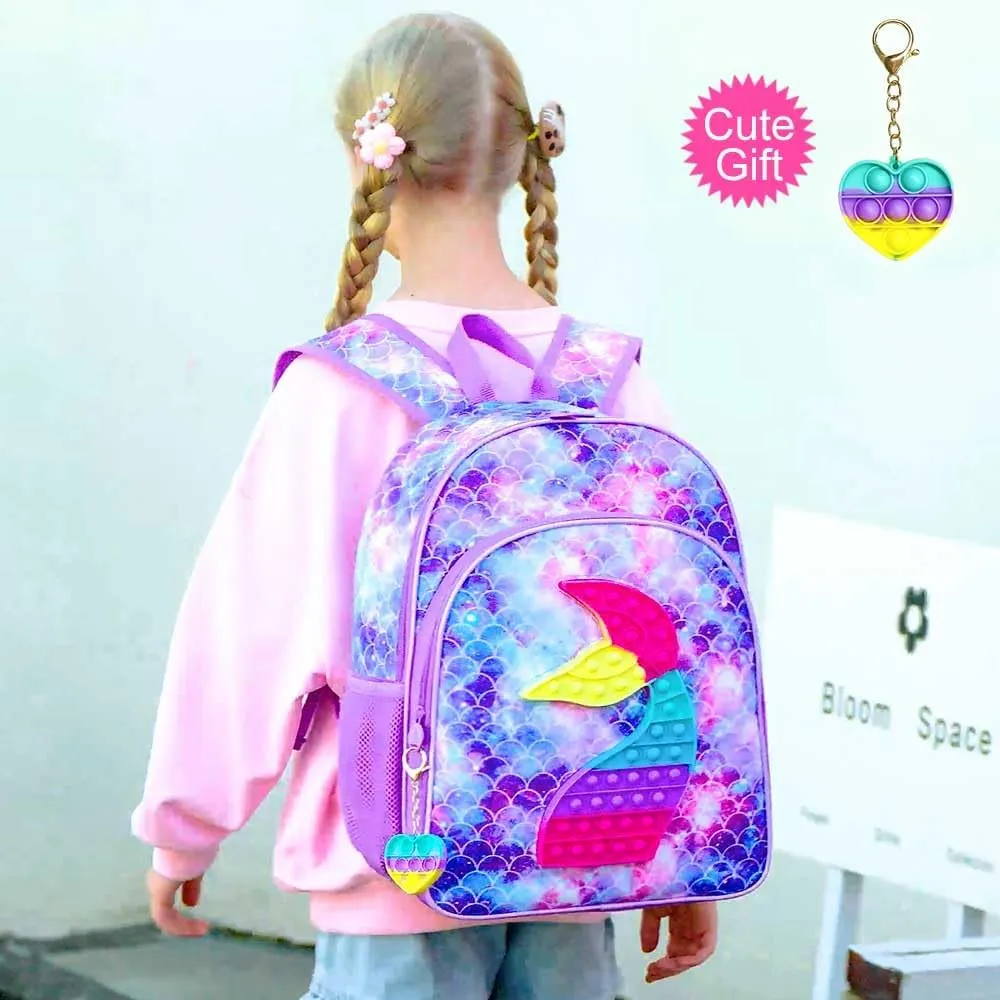 CCJPX 3PCS Backpack for Girls, 16" Kids Mermaid Bookbag and Lunch Box for Elementary School Toddler Kindergarten Preschool - Purple