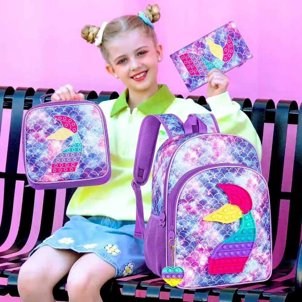 CCJPX 3PCS Backpack for Girls, 16" Kids Mermaid Bookbag and Lunch Box for Elementary School Toddler Kindergarten Preschool - Purple