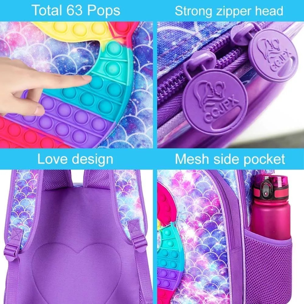 CCJPX 3PCS Backpack for Girls, 16" Kids Mermaid Bookbag and Lunch Box for Elementary School Toddler Kindergarten Preschool - Purple