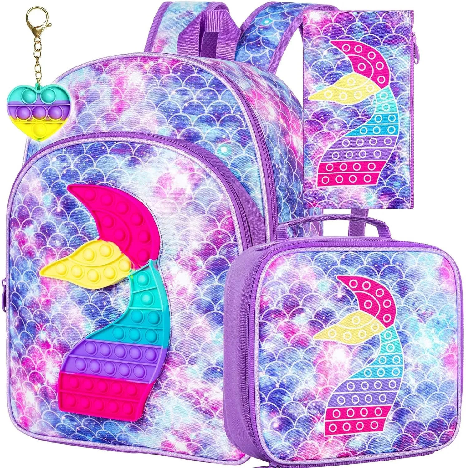CCJPX 3PCS Backpack for Girls, 16" Kids Mermaid Bookbag and Lunch Box for Elementary School Toddler Kindergarten Preschool - Purple