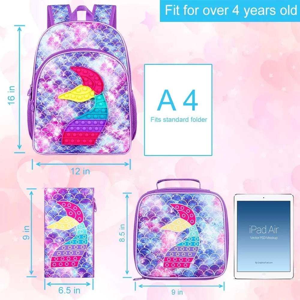 CCJPX 3PCS Backpack for Girls, 16" Kids Mermaid Bookbag and Lunch Box for Elementary School Toddler Kindergarten Preschool - Purple