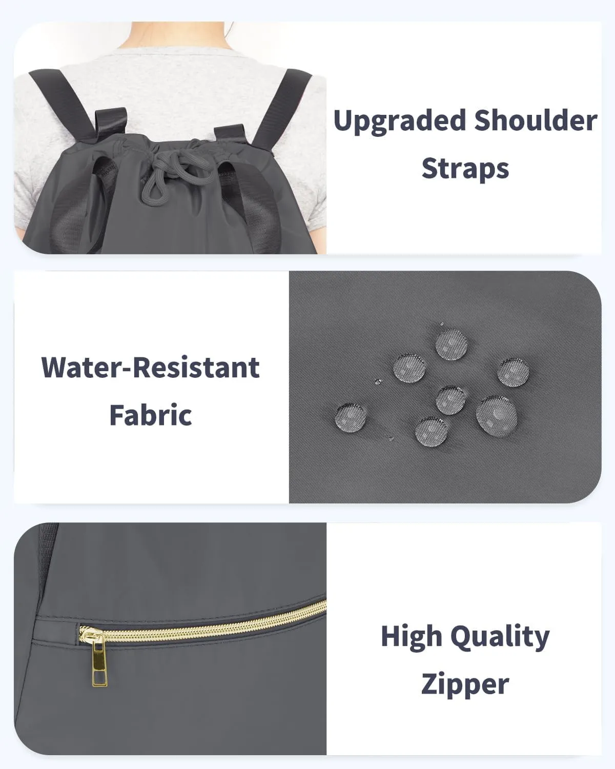 Ceneda Drawstring Backpack String Bag for Women Men Water Resistant Drawstring Bags Gym Sack with Two Zipper Pockets Sports Gym Bag (Grey)