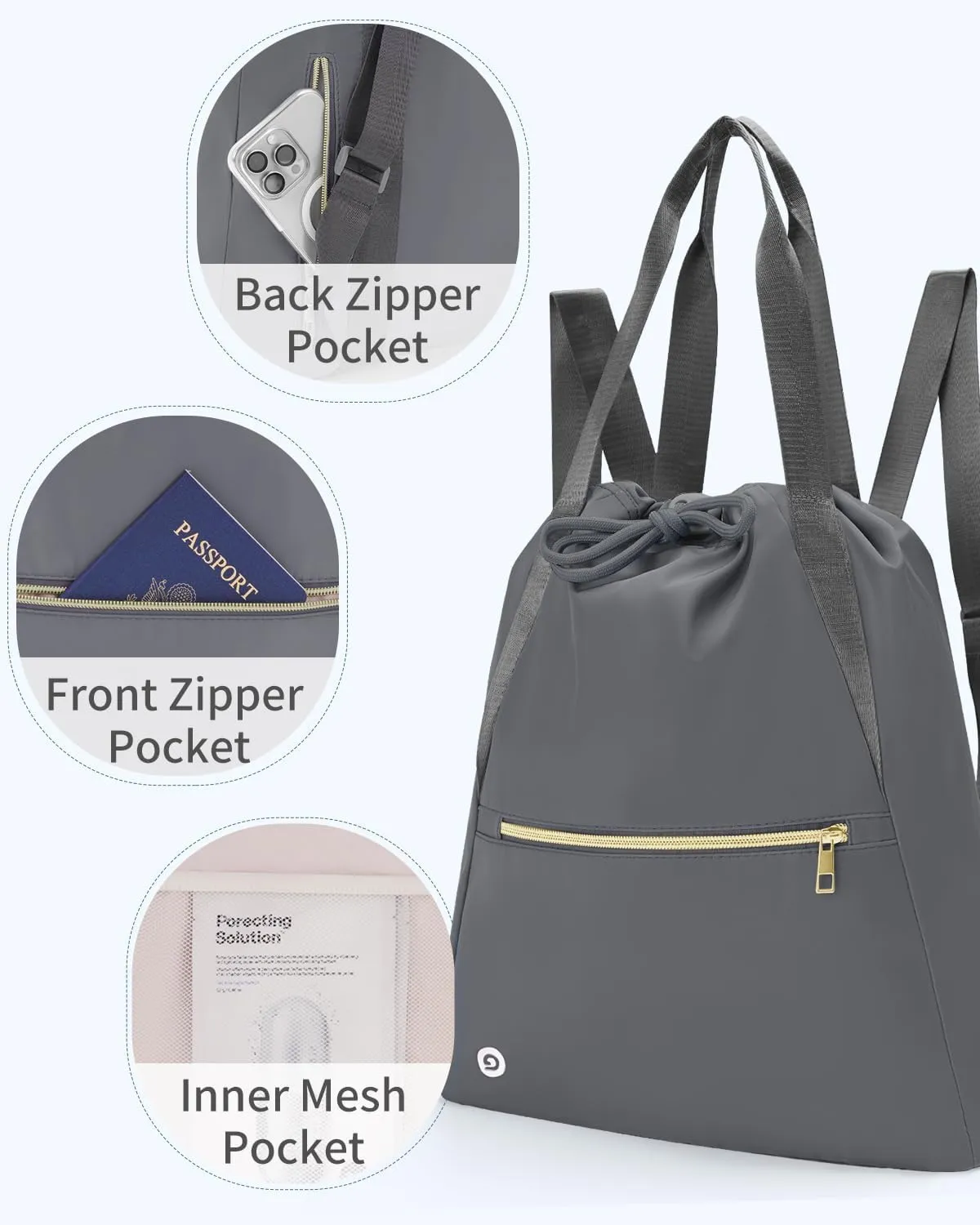 Ceneda Drawstring Backpack String Bag for Women Men Water Resistant Drawstring Bags Gym Sack with Two Zipper Pockets Sports Gym Bag (Grey)