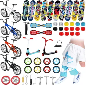 Charniol 57 Pcs Mini Finger Toy Set, Skateboards, Bikes, Scooter, Tops, Pants, Shoes, Knee Pads, Mini Bike Wheels Tools for Christmas Party Gift
