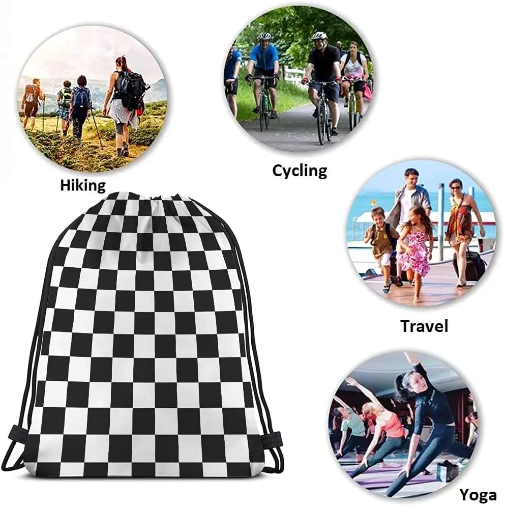 Checkerboard Drawstring Bags Backpack Bag Geometric Checkered Plaid Pattern Black White Car Racing Sports Chess Board Sport Gym Sack Drawstring Bag String Bag Yoga Bag for Men Women