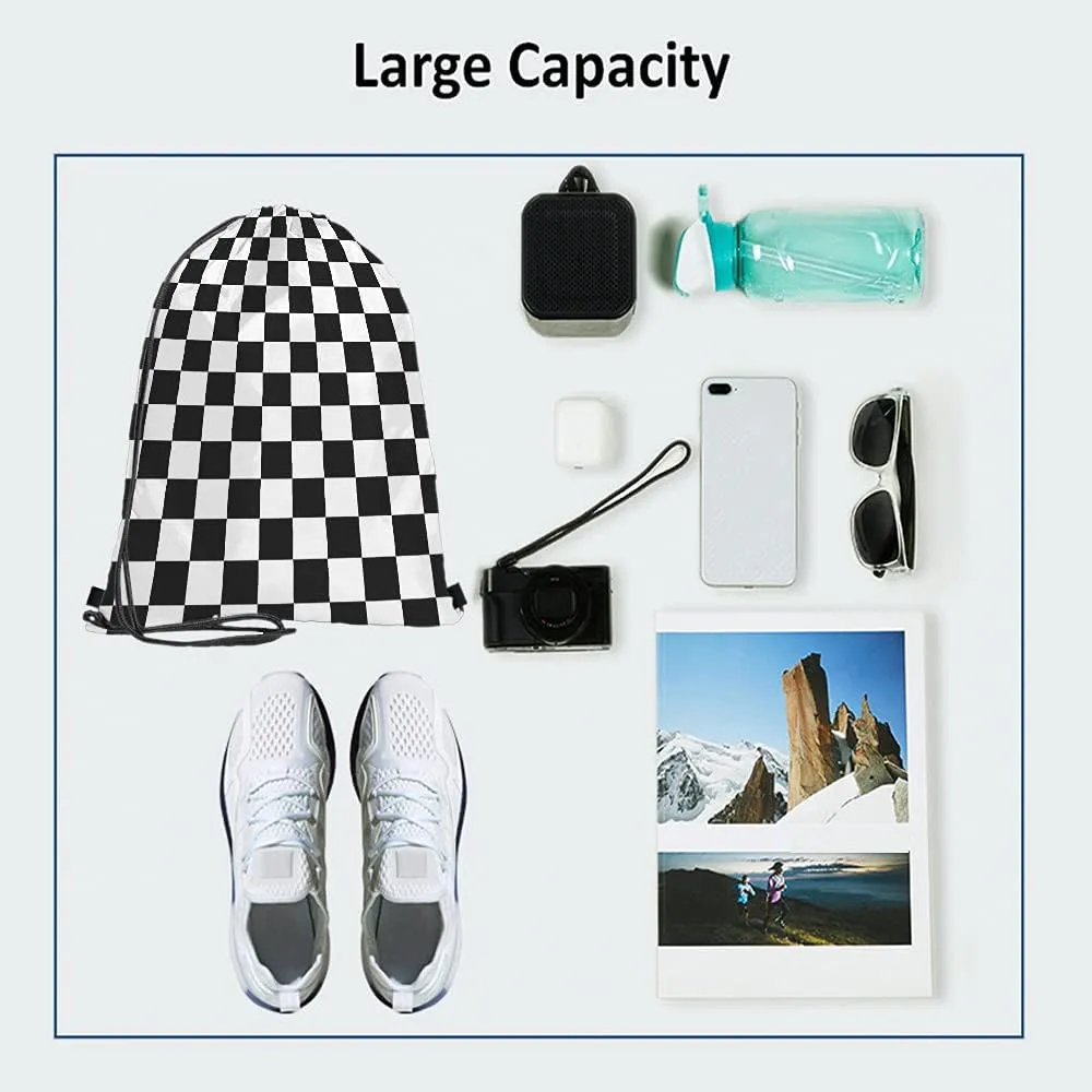 Checkerboard Drawstring Bags Backpack Bag Geometric Checkered Plaid Pattern Black White Car Racing Sports Chess Board Sport Gym Sack Drawstring Bag String Bag Yoga Bag for Men Women