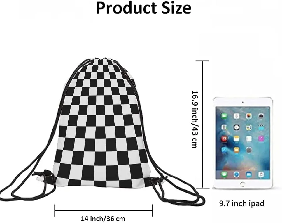 Checkerboard Drawstring Bags Backpack Bag Geometric Checkered Plaid Pattern Black White Car Racing Sports Chess Board Sport Gym Sack Drawstring Bag String Bag Yoga Bag for Men Women